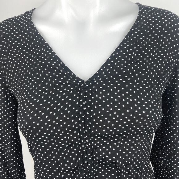 H&M Black White Polka Dot Ruffle V Neck Long Sleeve Peplum Blouse Top Size 4 - Picture 3 of 5